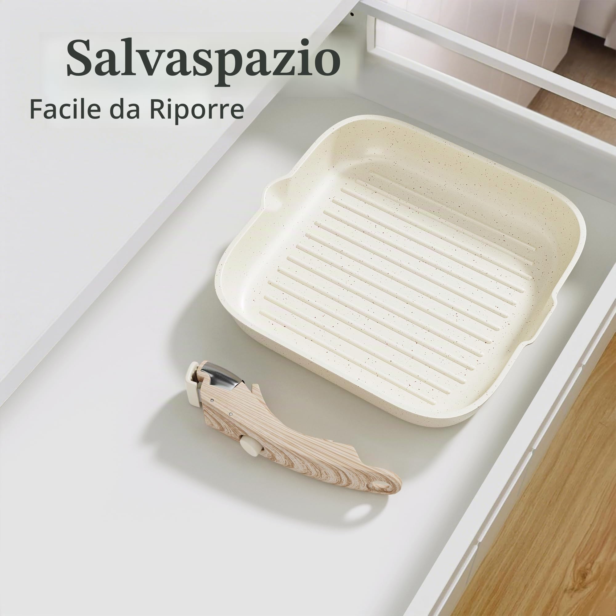 RIOVARM 28 cm Induzione Padelle grill con manici staccabili Antiaderente Padella per grigliare senza PFOA Padella per bistecche, per tutti i tipi di fornelli, Adatto per forno e lavastoviglie