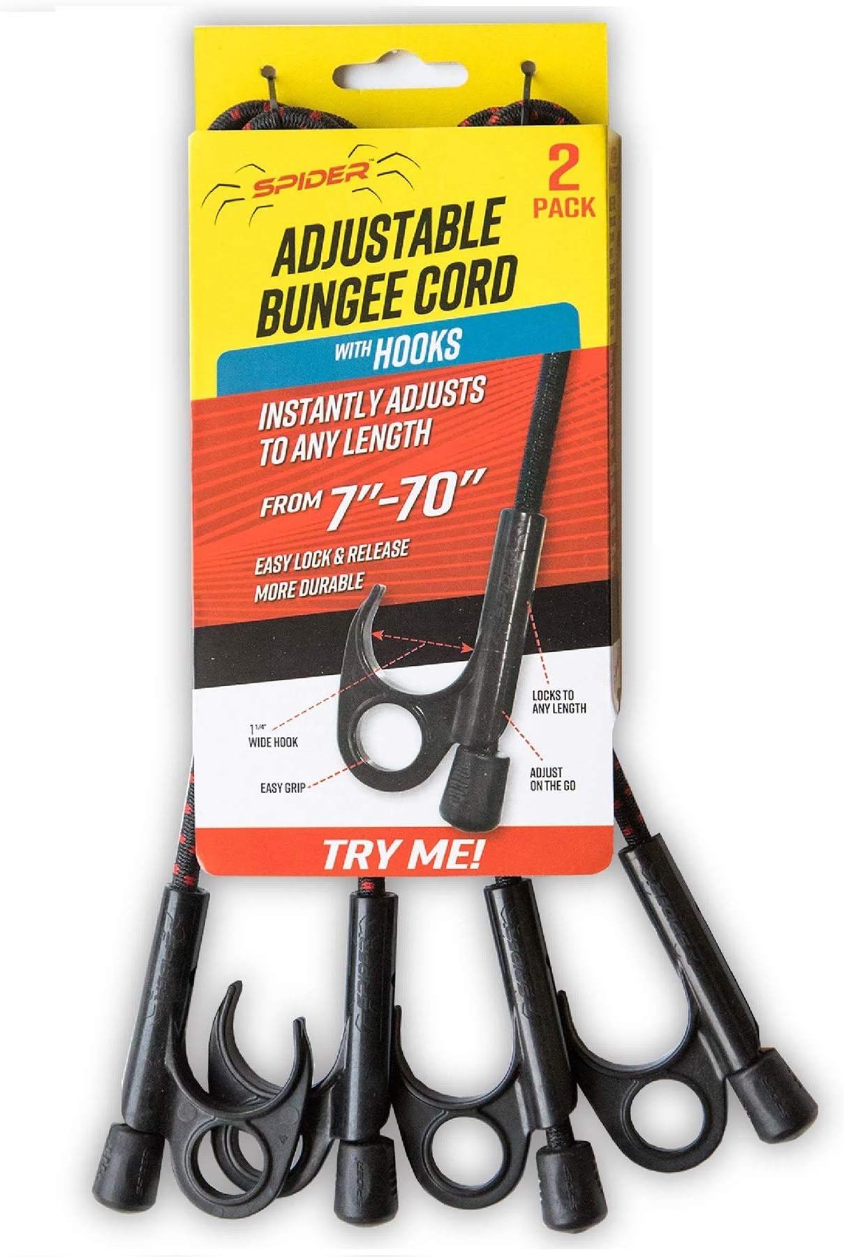 SPIDER Adjustable Bungee Cords with Hooks, 48 Inch Unstretched, 7-70 Inch Stretched - Quick Adjust Hooks - Heavy Duty Tie Down Straps for Outdoor, Truck Beds, Moving, Cargo, Tarp, (2 Pcs)