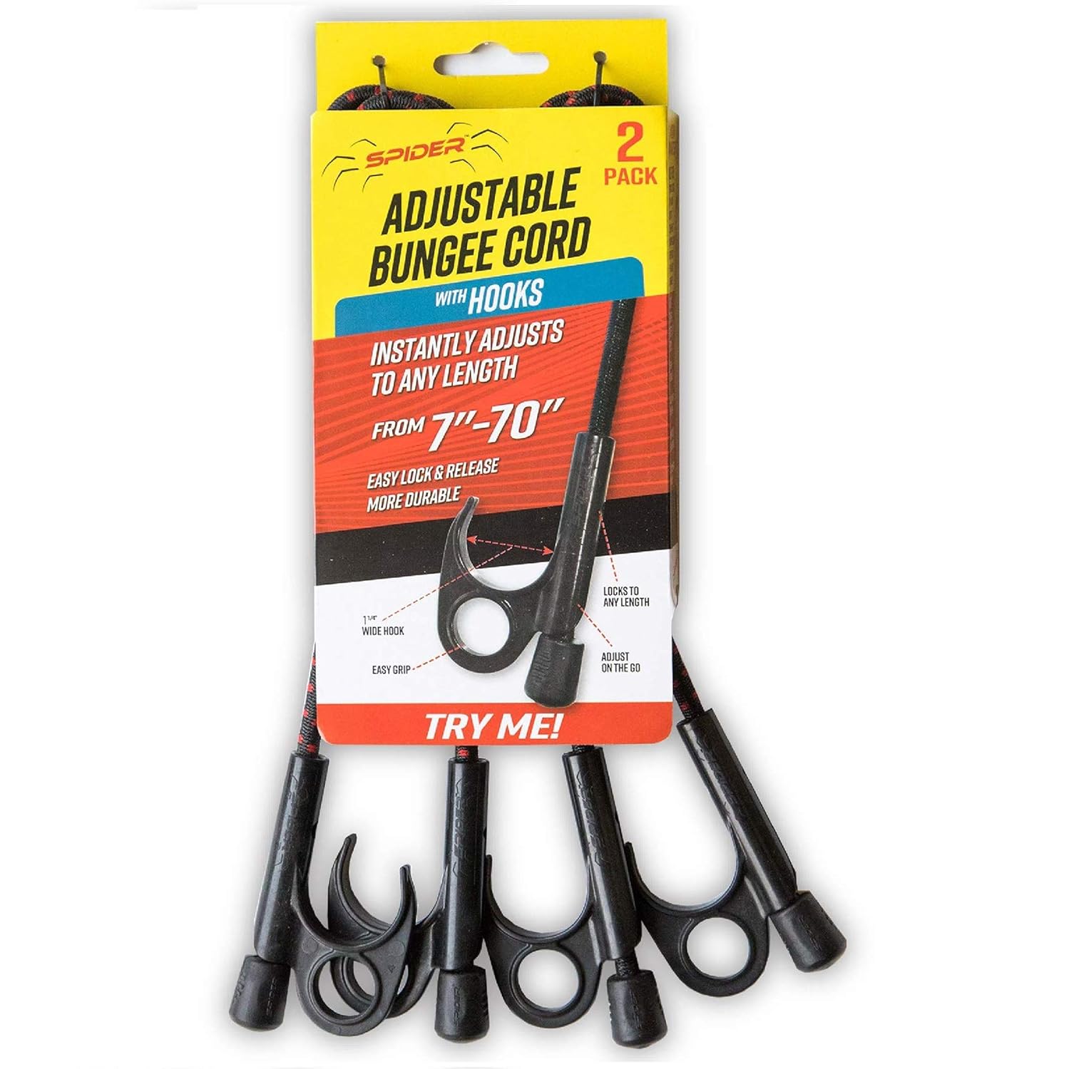 SPIDER HeavyDuty Bungee Cords with Adjustable & Locking Length, Patent