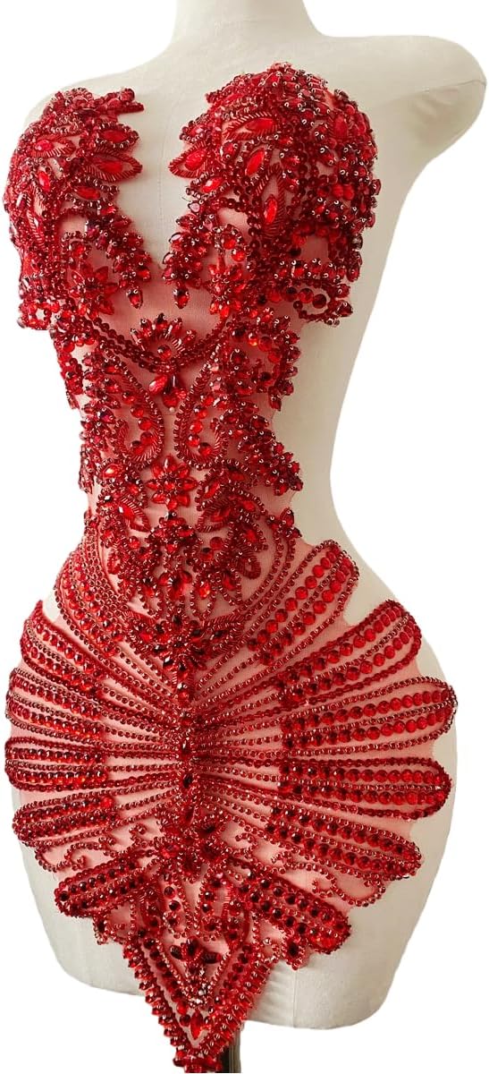 Large Size Pure Hand-Sewing Bodice Glass Rhinestones Appliques Crystal Bead Trim Patches DIY Luxury Accessories for Dress Clothing (Red)