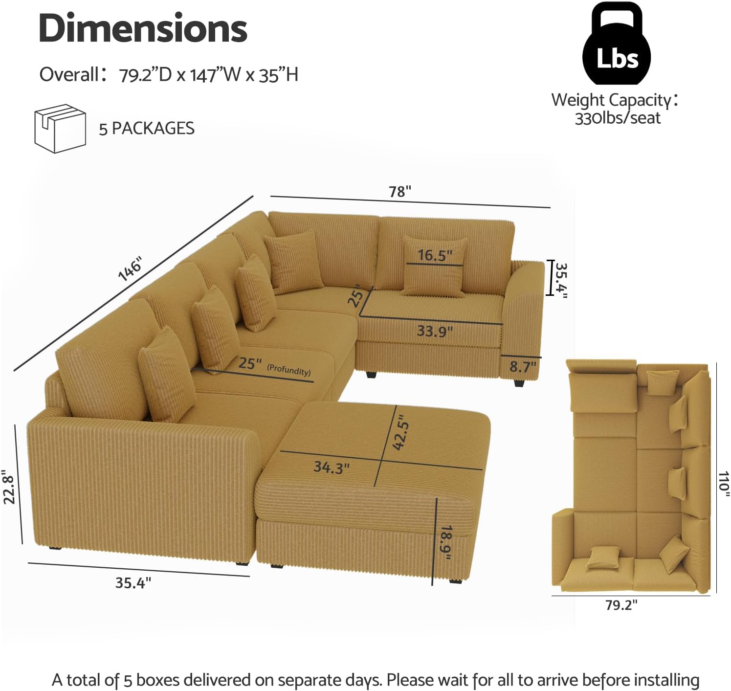 146" Modular Sectional Sofa, Oversized U Shaped Couch, Convertible Sleeper Sofa, 6 Seat Sofa with Chaise, Deep Seat Comfy Cloud Couch with Ottoman and Five Pillows for Living Room, Corduroy, Yellow
