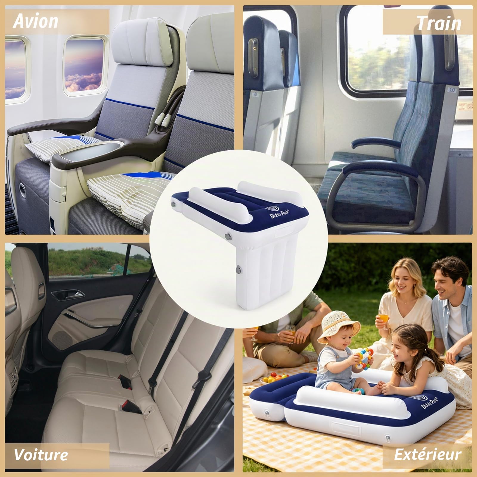 Flyaway Lit de voyage pour enfant avec côtés hauts, ceinture de sécurité, lit gonflable qui s'adapte à la plupart des sièges de