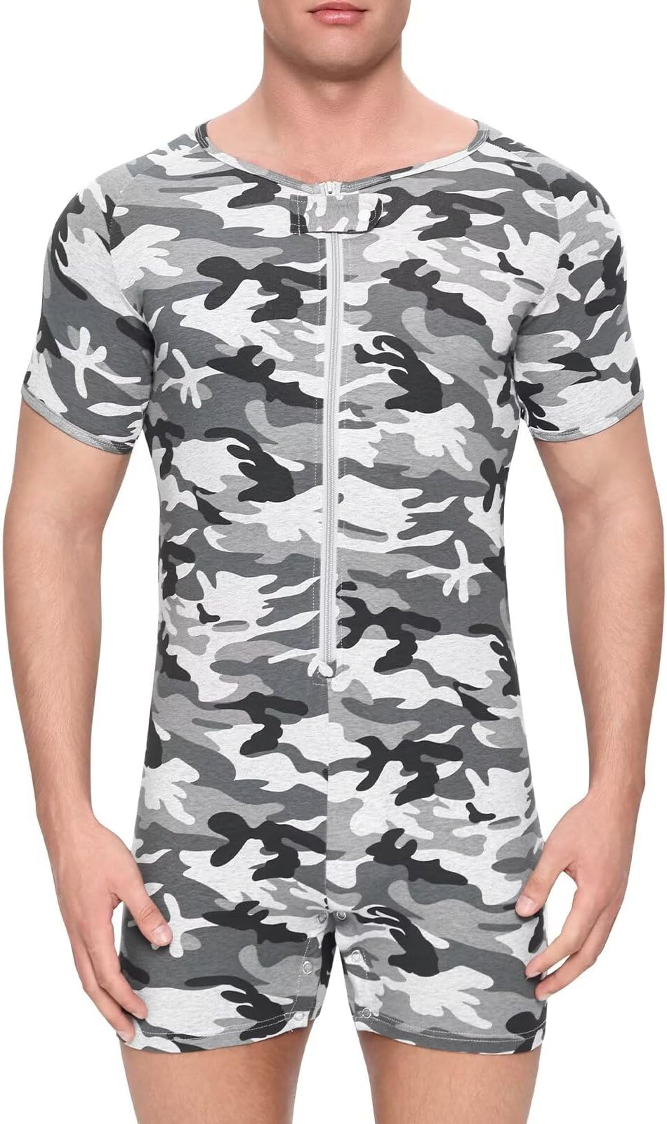 Onesie for Men Cotton Short Sleeve Camouflage Pajama Jumpsuits One Piece Printed Romper Bodysuit Zipper Up
