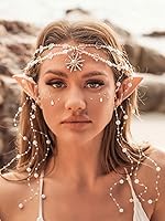 Vista 7 de Aukmla Cadena de cabeza bohemia con orejas de elfo de hada, borla y borla, cadenas para el cabello, joyería para disfraz de Halloween, festival