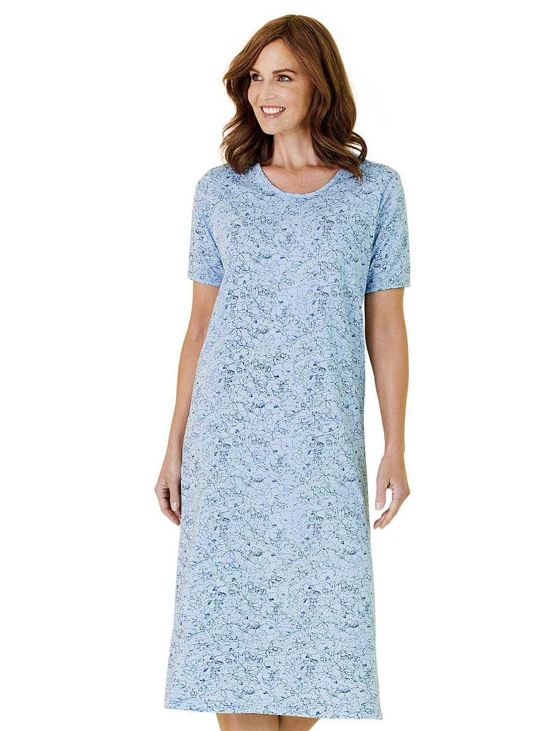 Chums Ladies Pack of 3 Short Sleeve Print Nightdresses – 100% Cotton Breathable Knee‑Length Nighties with Mixed Prints – Soft Pull‑On Sleepwear Blue 10