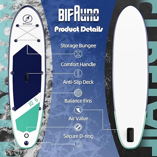 Miniatura 4 de Bifanuo Tabla de remo inflable de 10 x 30 x 6 pulgadas con accesorios de SUP y mochila. Cubierta antideslizante, postura amplia, aleta inferior,