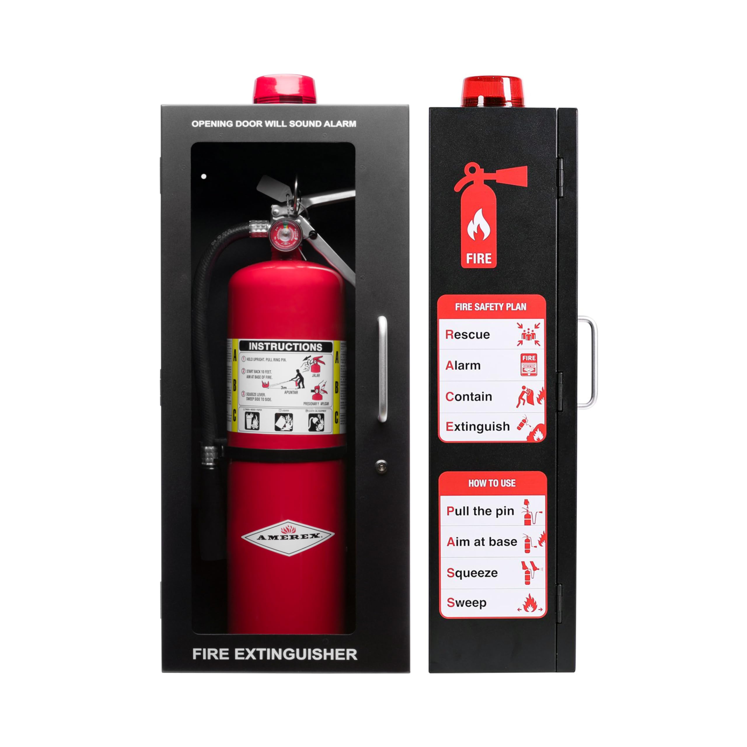 Fire Extinguisher Cabinet with Alarm, Lock, &amp; Breakable Acrylic Window | Wall &amp; Surface Mount | Holds 2.5 Pound, 5 lb or 10 lb Extinguishers | Fire Safety Instructions Included (Black)