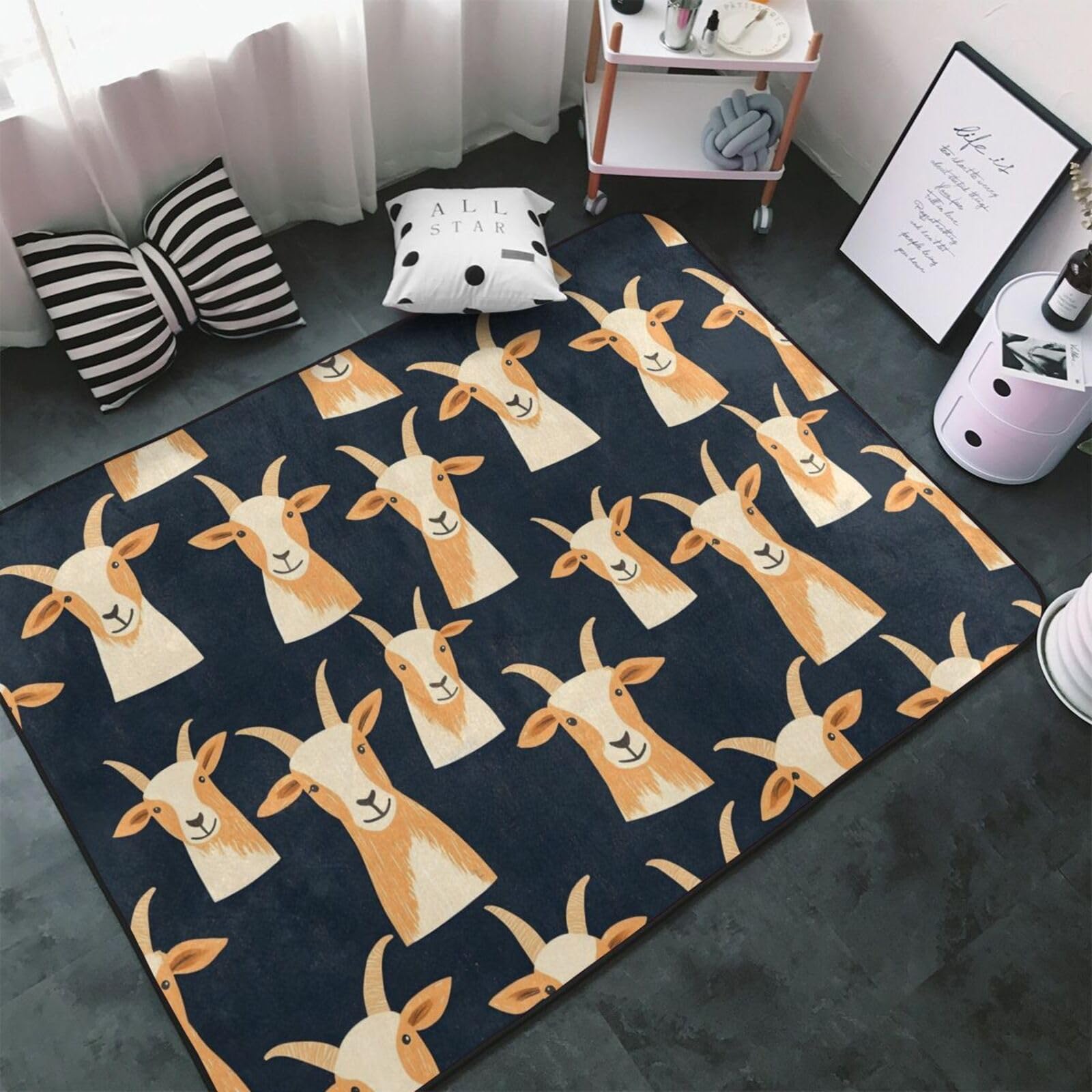 Tapis de salon imprimé chèvre mignonne - Moquette douce lavable 152x99 cm