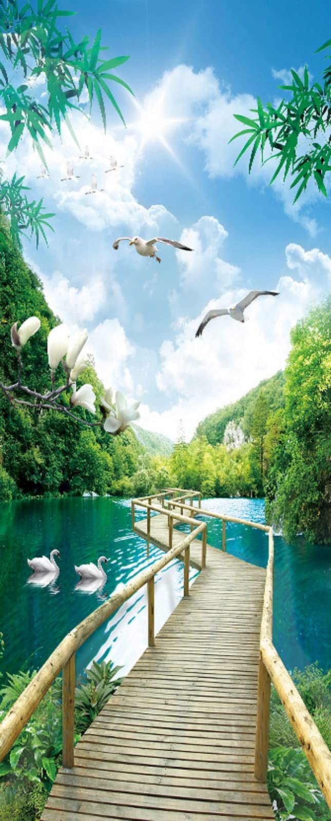 A.Monamour 3D Door Stickers for Interior Doors Wooden Bridge Over Lake Birds Flying in Blue Sky Nature Scenery Vinyl Waterproof Self Adhesive Door Mural Decals for Bedroom Office Bathroom 90 x 200 cm