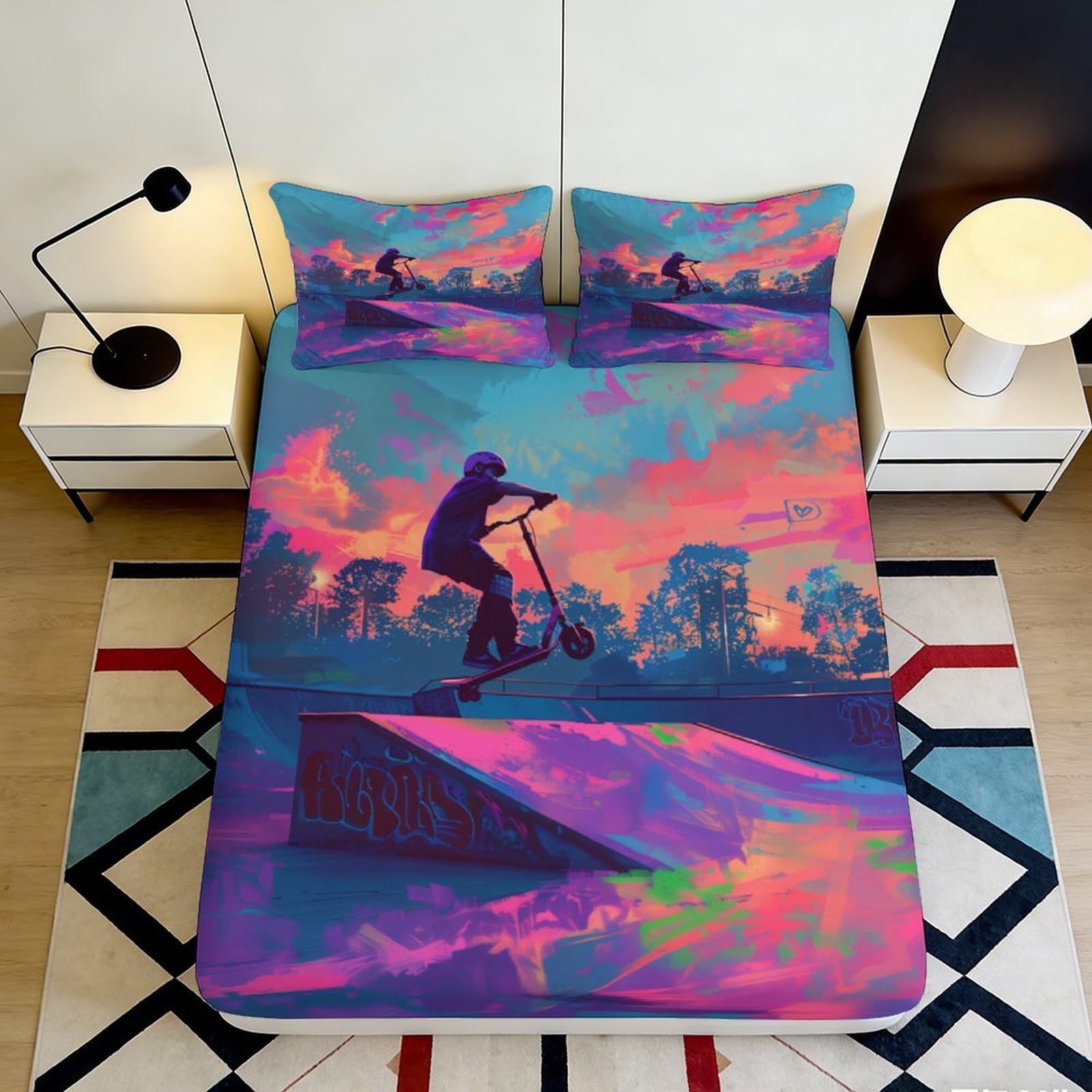 3D Printed Skateboard Graffiti Fitted Sheet Microfiber Deep Pocket Non Slip Bedroom Bedding Set Skate Art Mattress Fitted Cover for Teens Adults 120x200x25cm