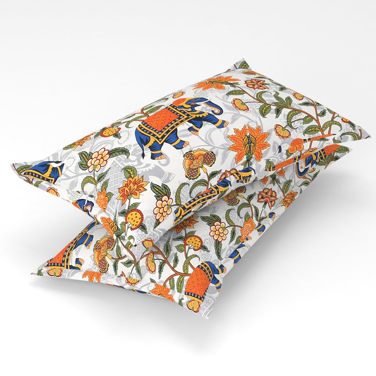 Homefab India 2 Piece Printed Glace Cotton Pillow Covers - Grey, Orange, Jaipuri Print-picture-26
