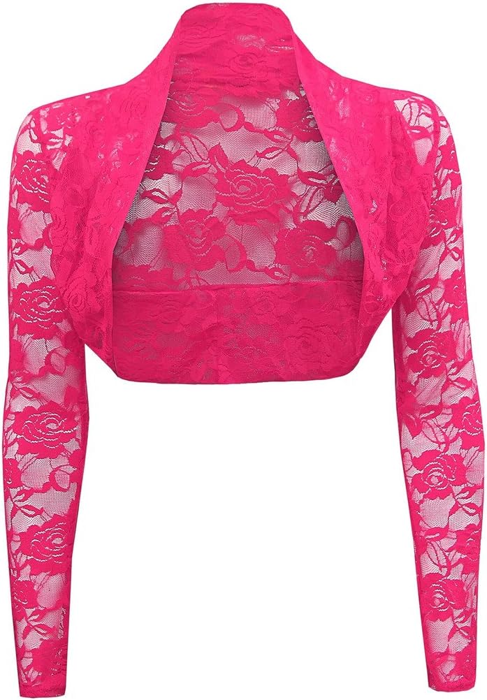 Womens Long Sleeve Lace Cropped Bolero Shrug Hot Pink