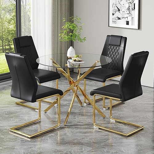 Miniatura 46 de Mesa redonda de comedor de vidrio para 2 a 4, moderna mesa superior de vidrio templado, patas cromadas resistentes, almohadillas ajustables, mesa de