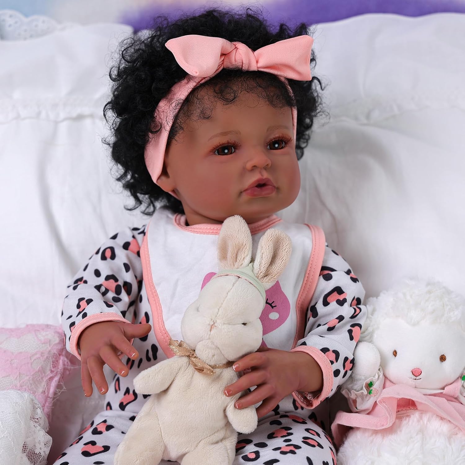BABESIDE Reborn Baby Doll Clothes Set – Leopard Print Realistic Baby Doll Outfit with Bow Headband & Kitty Bib – Baby Doll Accessories for 17-22 Inch Dolls