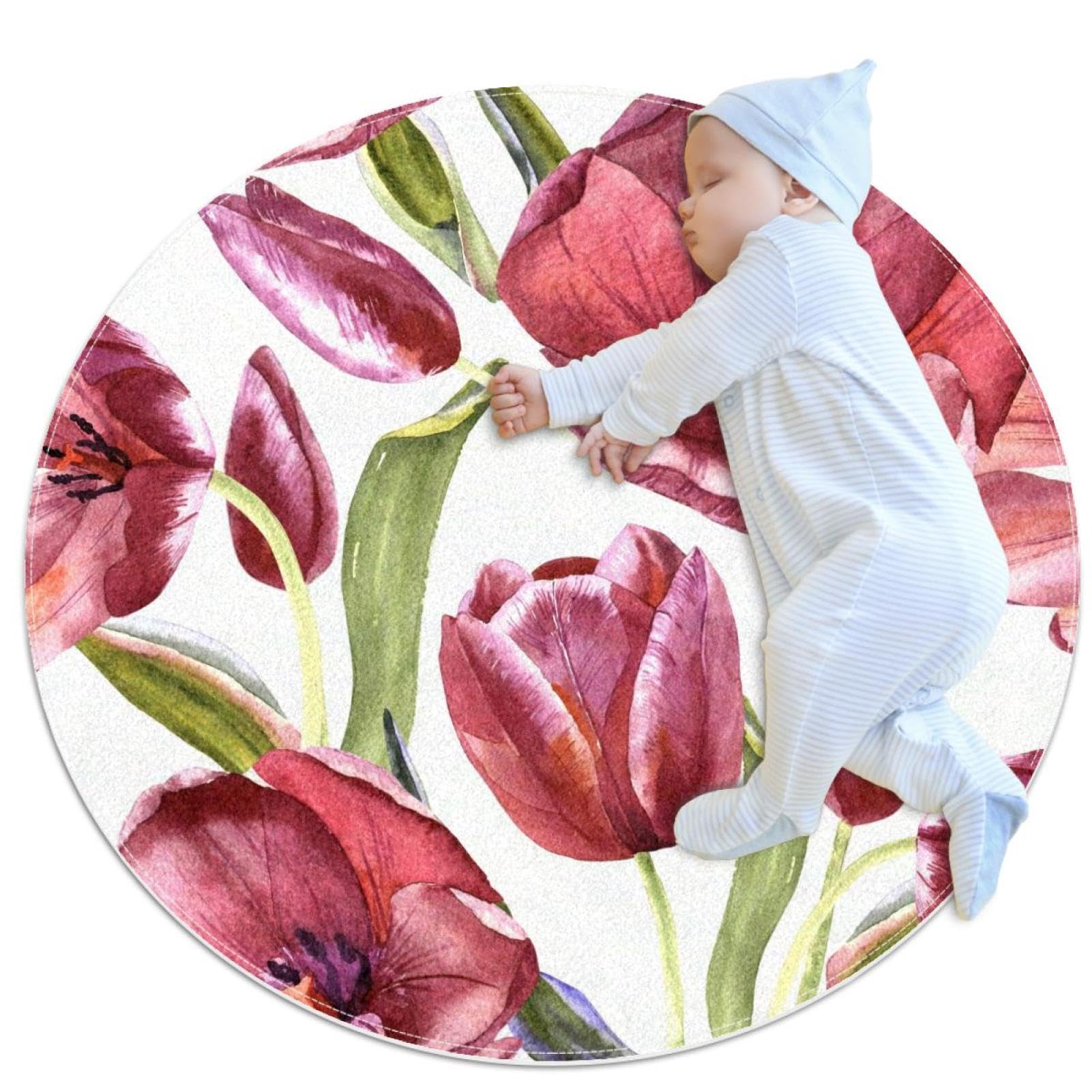 Tapis aquarelle fleurs sauvages rond 1m avec envers antidérapant sofa