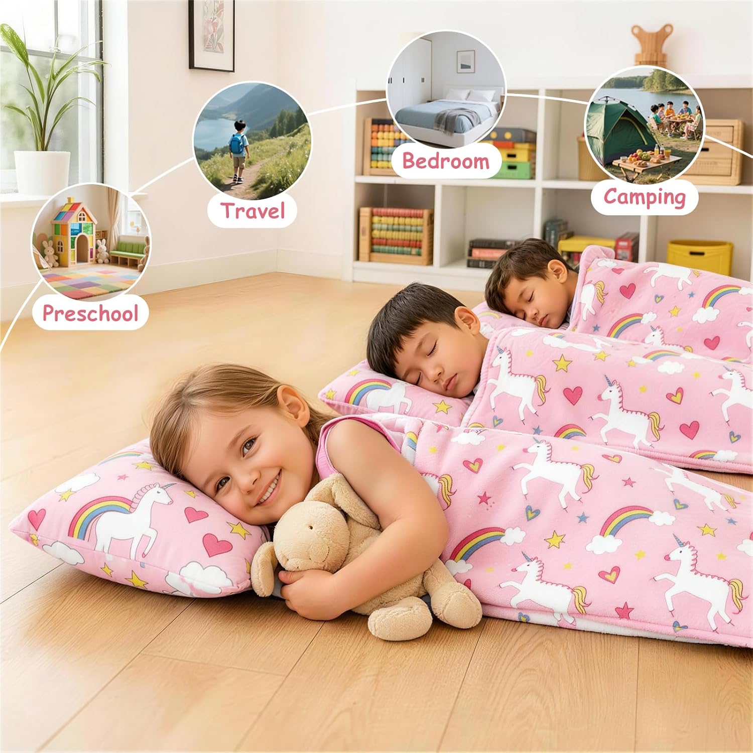 Toddler Nap Mat, Kids Sleeping Bag with Pillow & Minky Blanket, Boys Girls Extra Large Rolled Nap Mats for Preschool Daycare Camping Kindergarten