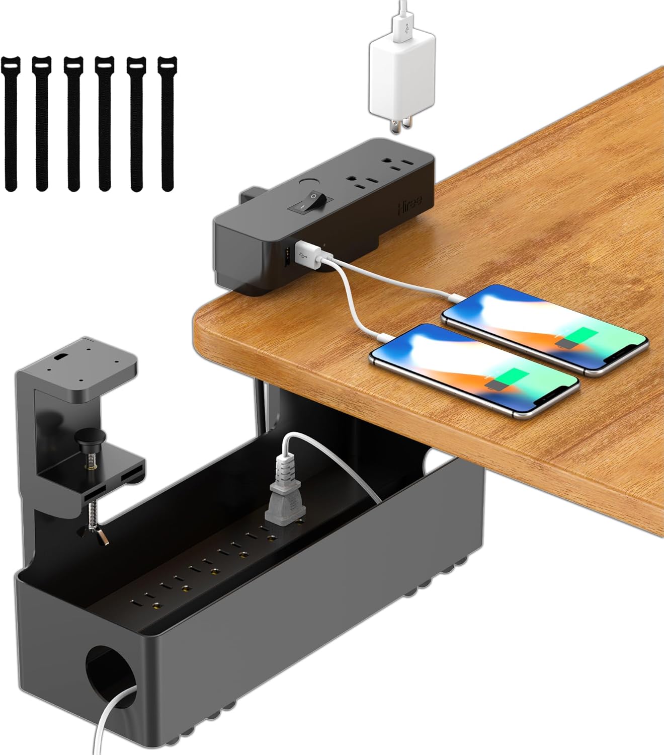 Hiree Under Desk Cable Management Tray with 8 AC Outlets, 2 USB & 1 USB-C Ports - Clamp Mount Storage Basket Organizer, No-Drill Wire Cord Management for Standing Desk Home Office（Black）