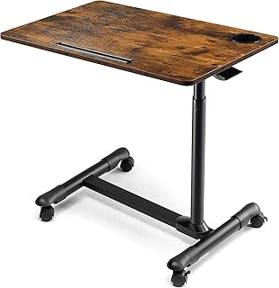 ETHU Overbed Table with Wheels, Upgrade Rolling Tray Table, Hospital Bed Table, Adjustable Overbed Bedside Rolling Laptop Table (Right Hand Wooden)