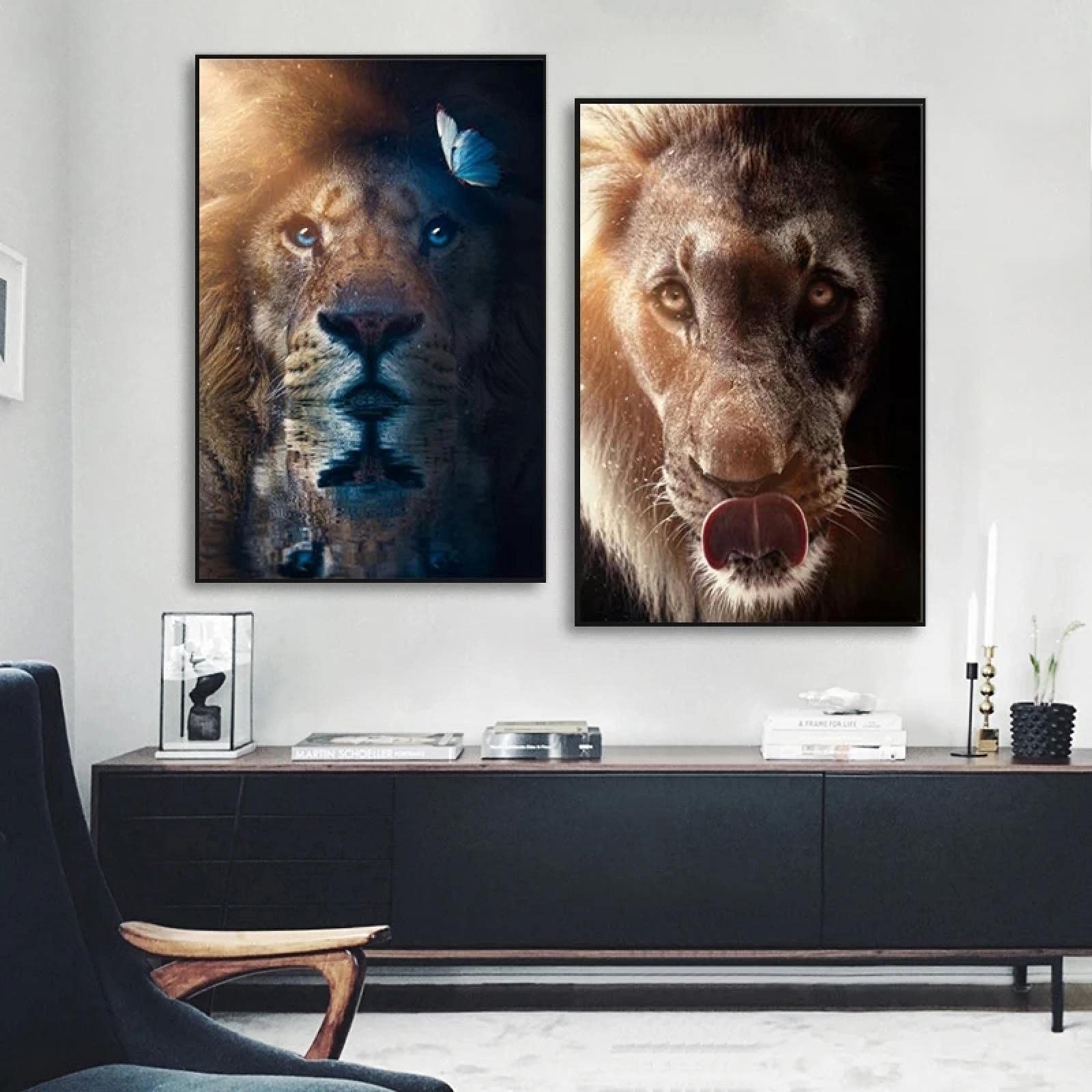 Yooyu Lienzo de Animales Impresión de Arte de Pared León Encantador con Cartel de Mariposa Pintura Cuadro Decorativo Hogar Decoración de la habitación de los niños 50x70x2cm Marco Interno