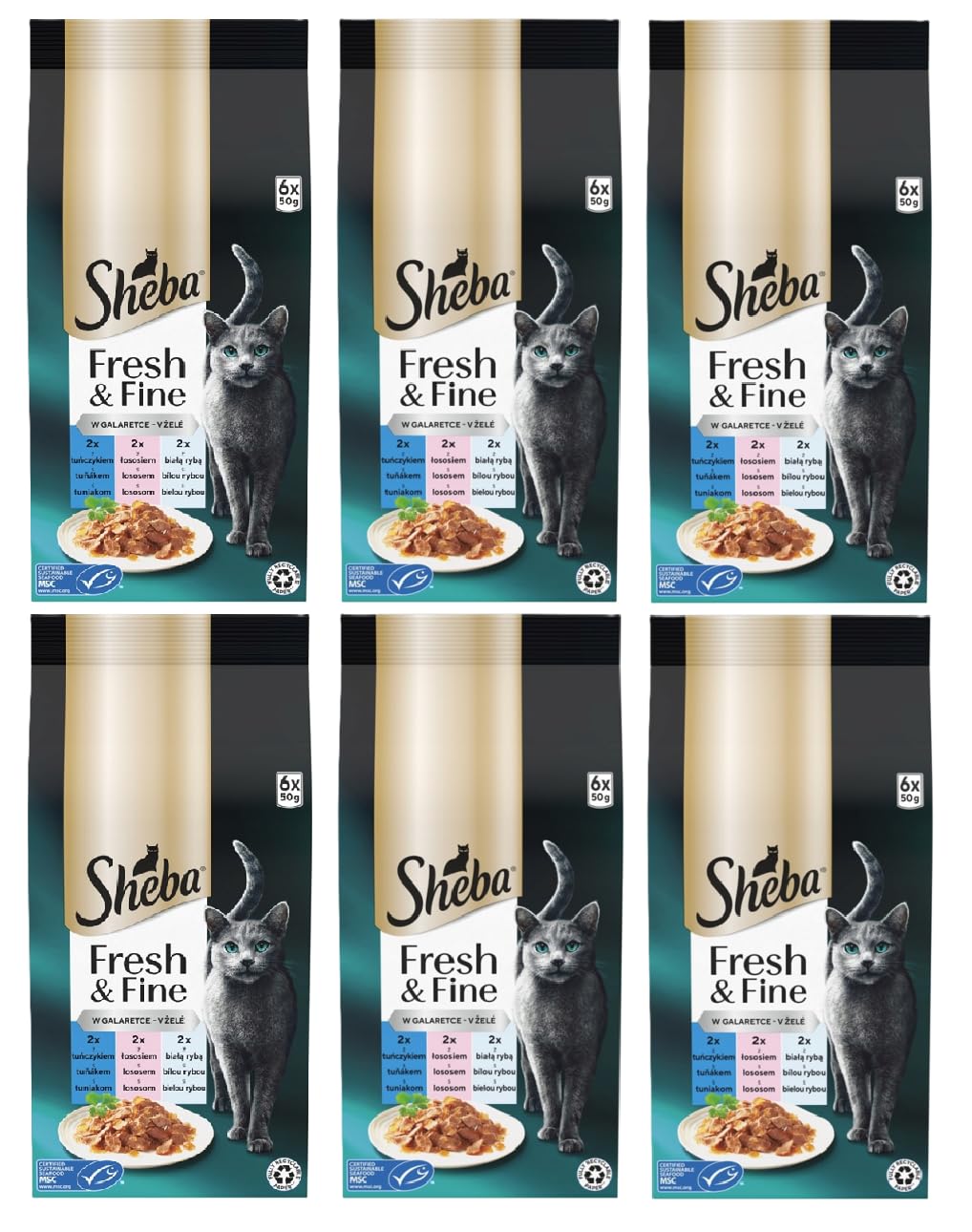 Sheba Woreczki porcjowane mokra karma dla kotów, wielopak, Fresh & Fine w galaretce z tuńczykiem i łososiem MSC, 6 x 6 x 50 g - zdrowe posiłki dla kotów z galaretką