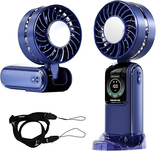 Blows - Ventilador de mano portátil de aire frío con soporte y cordón, batería recargable USB-C de 5000 mAh, pantalla LED de 12 H5 velocidades, mini