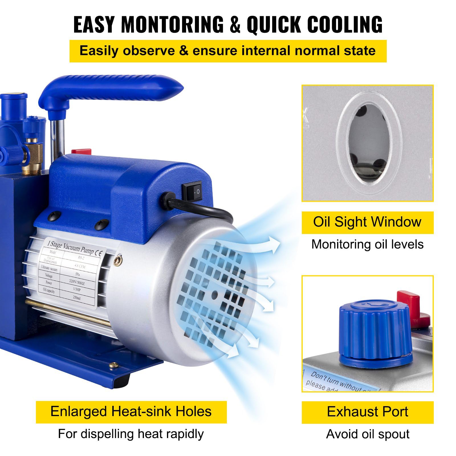 Bomba de Vacío para Climatización, Kit de Bomba de Vacío para R12, R22, R502, R410A, R134A, Bomba de Vacío Ideal para HVAC, Climatización Auto, Desgasificación (4,8 m³/h - 1/3 CV)