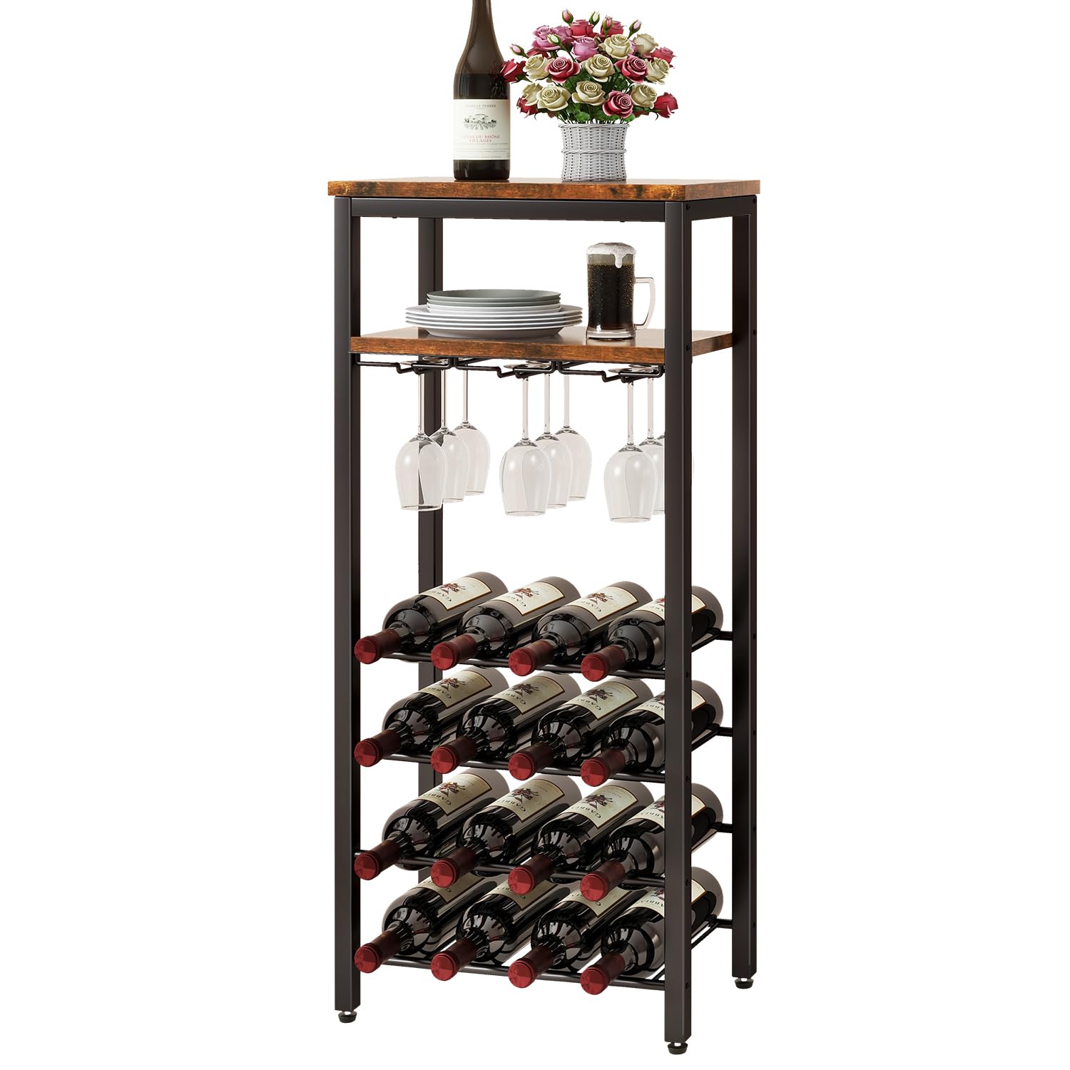 Estantes de vino independientes para piso, soporte para botellas de licor, gabinete de vino para 16 botellas con soporte para vidrio, soporte para vino, mini mesa de bar de vino para sala de