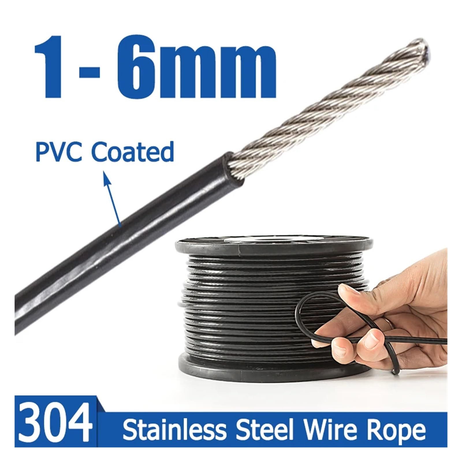 Cuerda de alambre de 1/1,2/1,5/2/3/4/5/6 mm, alambre de acero inoxidable 304 trenzado de acero inoxidable 304, cable suave de acero (10 m, 6 mm)