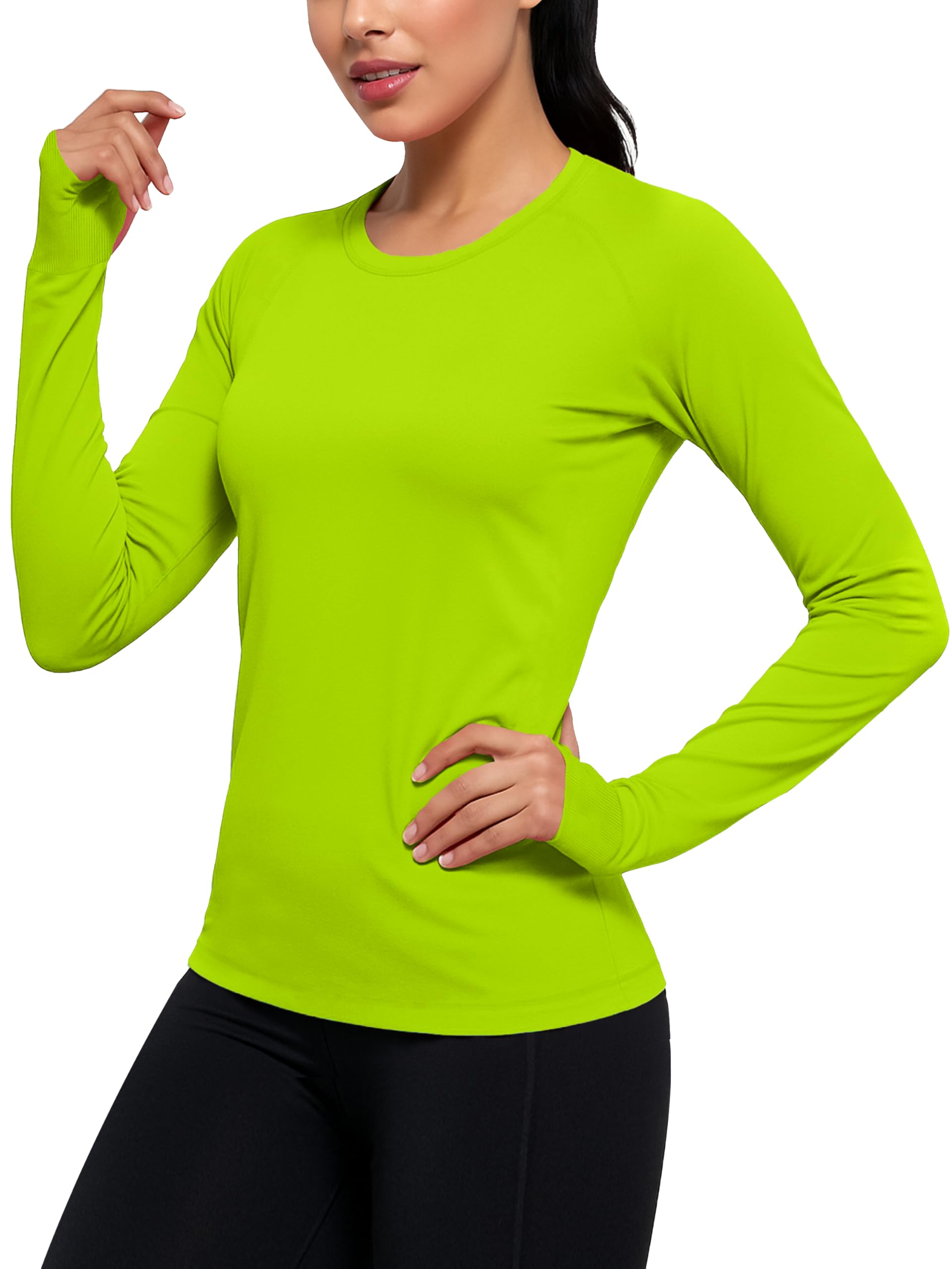 Women Thumb Hole Long Sleeve Shirt Neon Athletic Workout