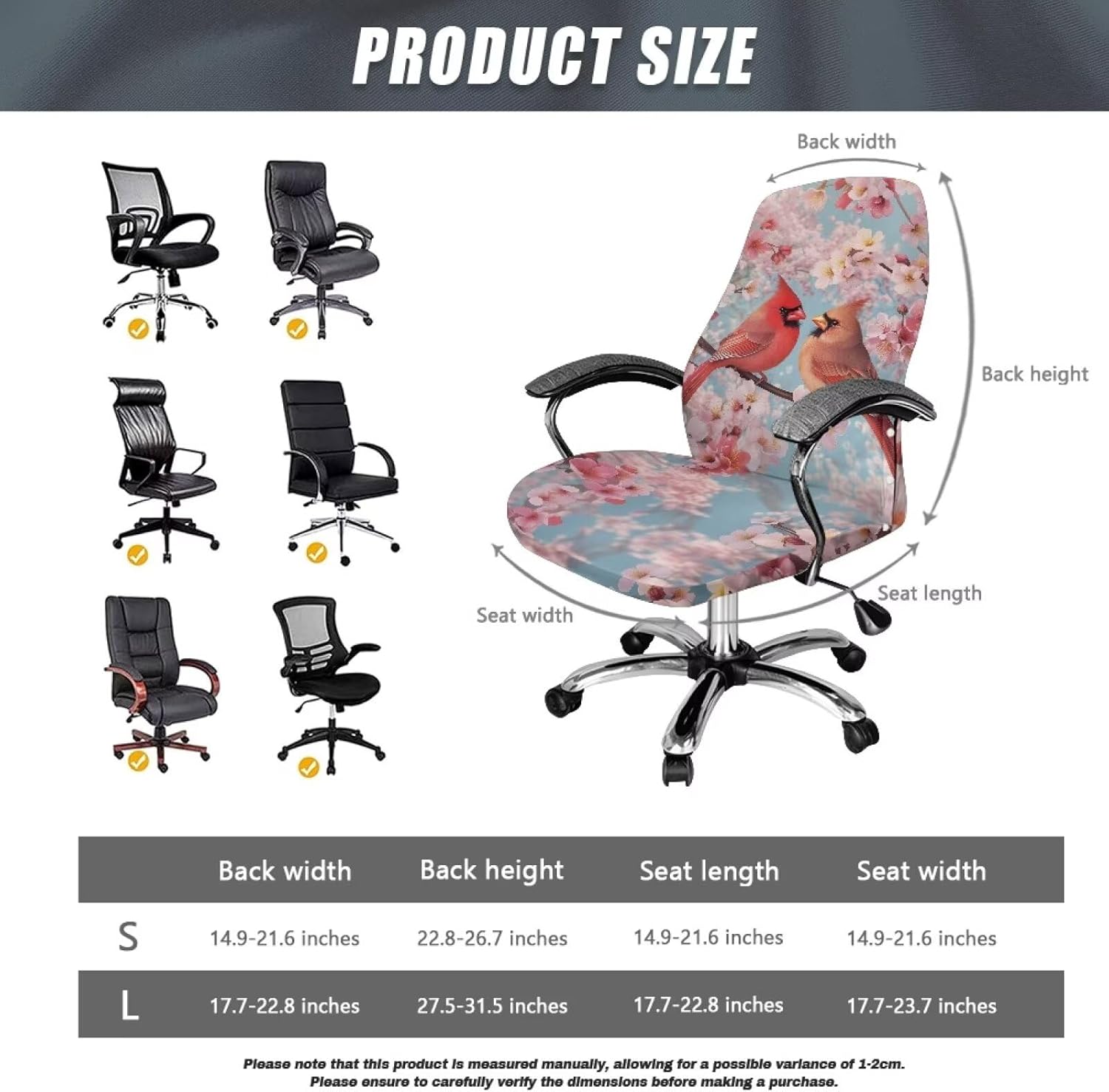 Stretchy Cover for Office Chair Seat Comfy Easy to Install High Back Chair Slipcover Non-Slip Scratch Resistant Desk Chair Seat Protector, Cardinal Peach Blossom Pink Blue, L