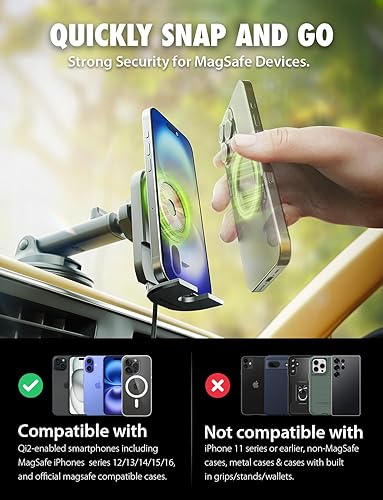 Miniatura 2 de Bracketron MagAlign Extend - Cargador Magsafe de 15 W, soporte magnético para teléfono de coche, cargador inalámbrico para iPhone 17 Pro Max 16 15