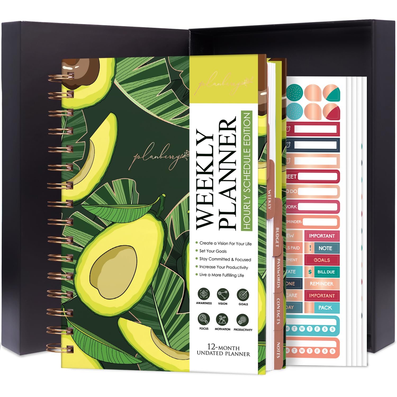 Planberry Pianificazione Settimanale - Elegante Orario Orario E Pianificatore Di Budget Per La Gestione Del Tempo E Il Budget - Organizzatore E Diario Di Produttività - 6.9 "X 8.5", Copertina Rigida, Non Datata (Verde Avocado)-image