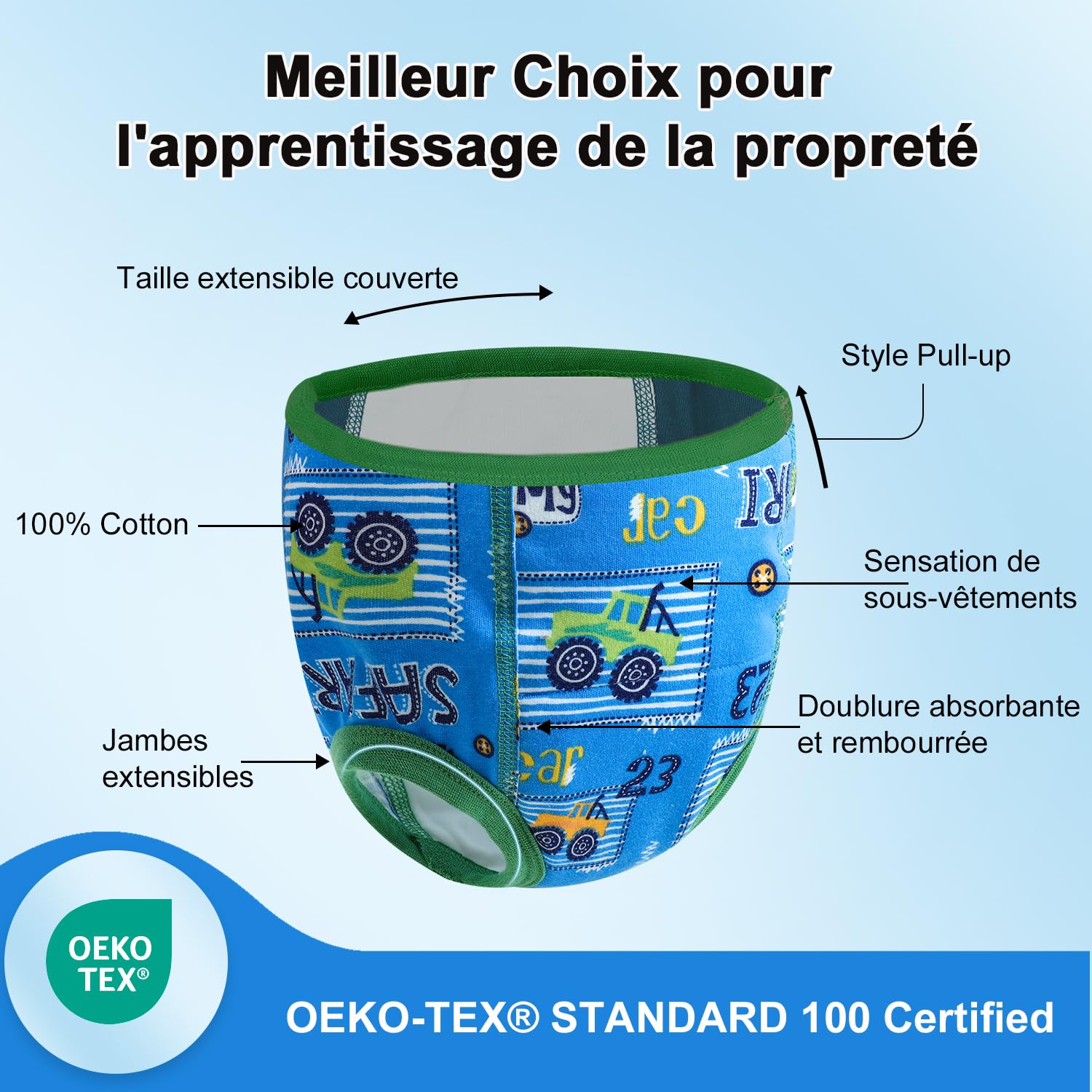 FLYISH DIRECT Culotte Apprentissage Propreté Garcon | Culotte d'apprentissage Enfant en Coton | Absorbant et Lavable 10 paquets, Parc Bleu, 8 ans