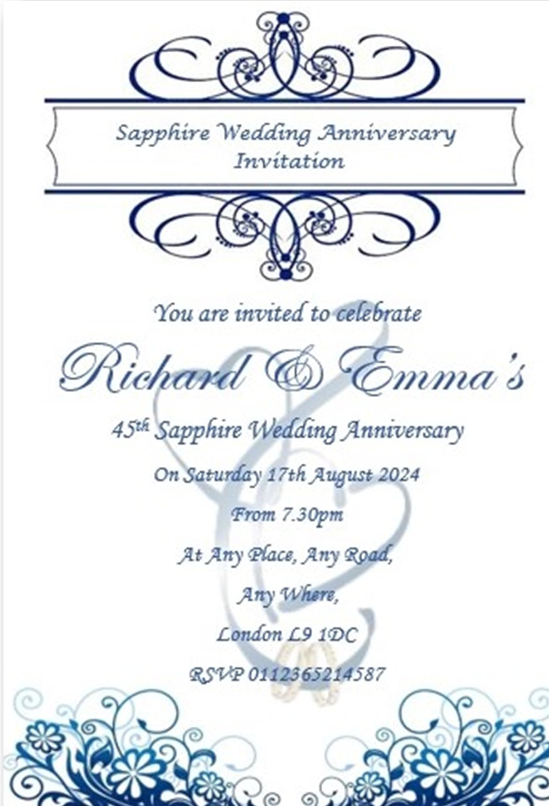 Bespoke Candy Delights Beautiful Personalised 45th - Sapphire Wedding Anniversary Invites - Invitations With Envelopes REF A15 (50)