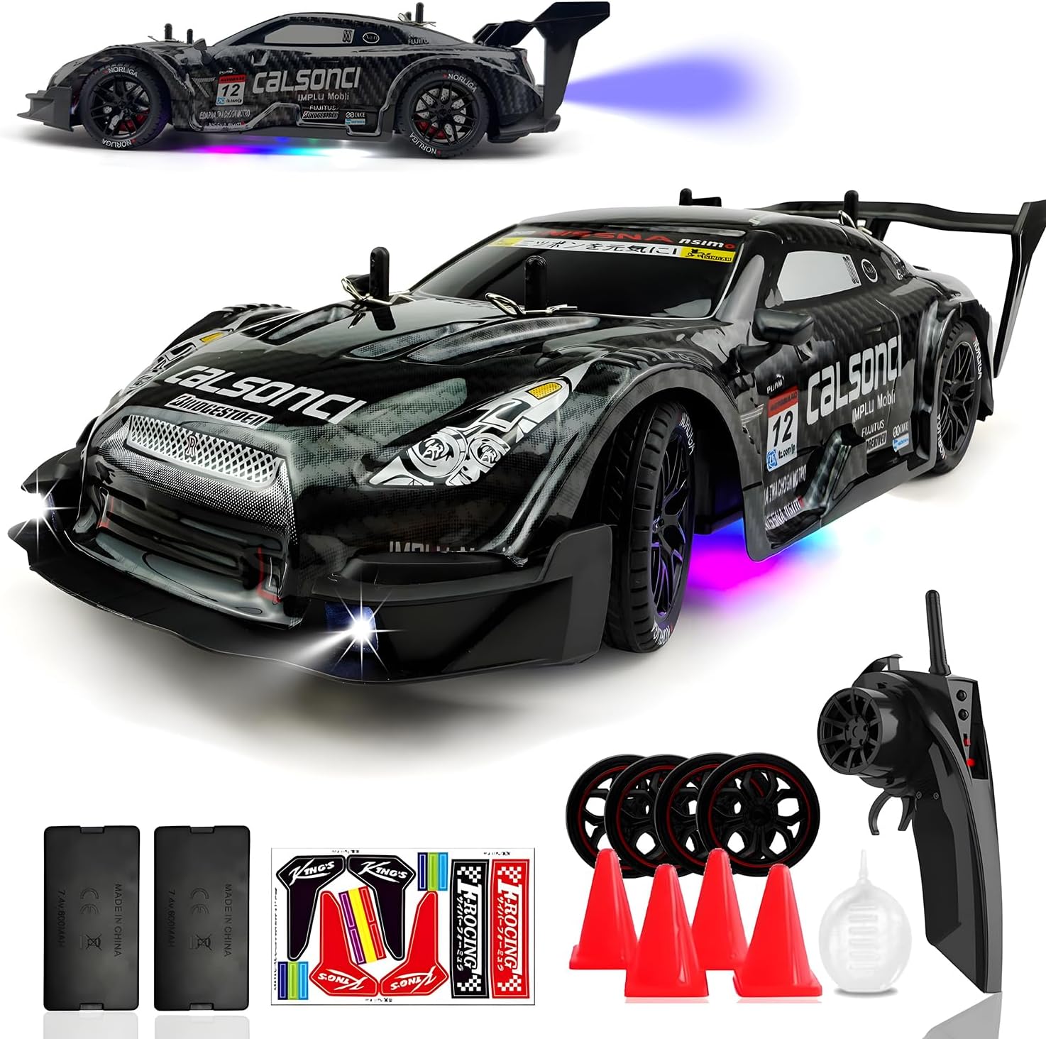 1:16 RC Drift Car 2.4GHz Spray 4WD LED Lights 30+KM/H High Speed Remote Control Car 2 Batteries 60Min Infinitely Variable Speed Drift Car Toys for Adults