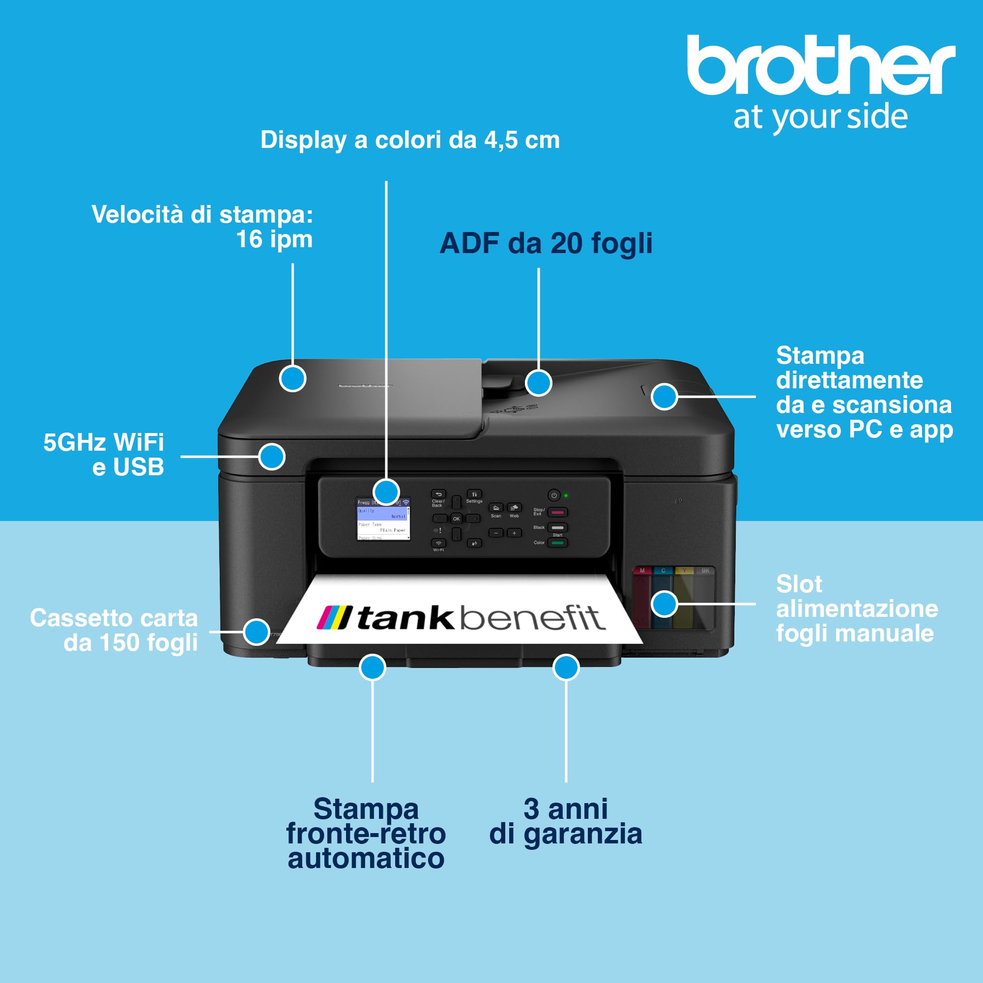 Brother DCPT780DW Multifunzione Inkjet Tank Stampante Duplex WiFi USB 150 Fogli ADF 20 Fogli