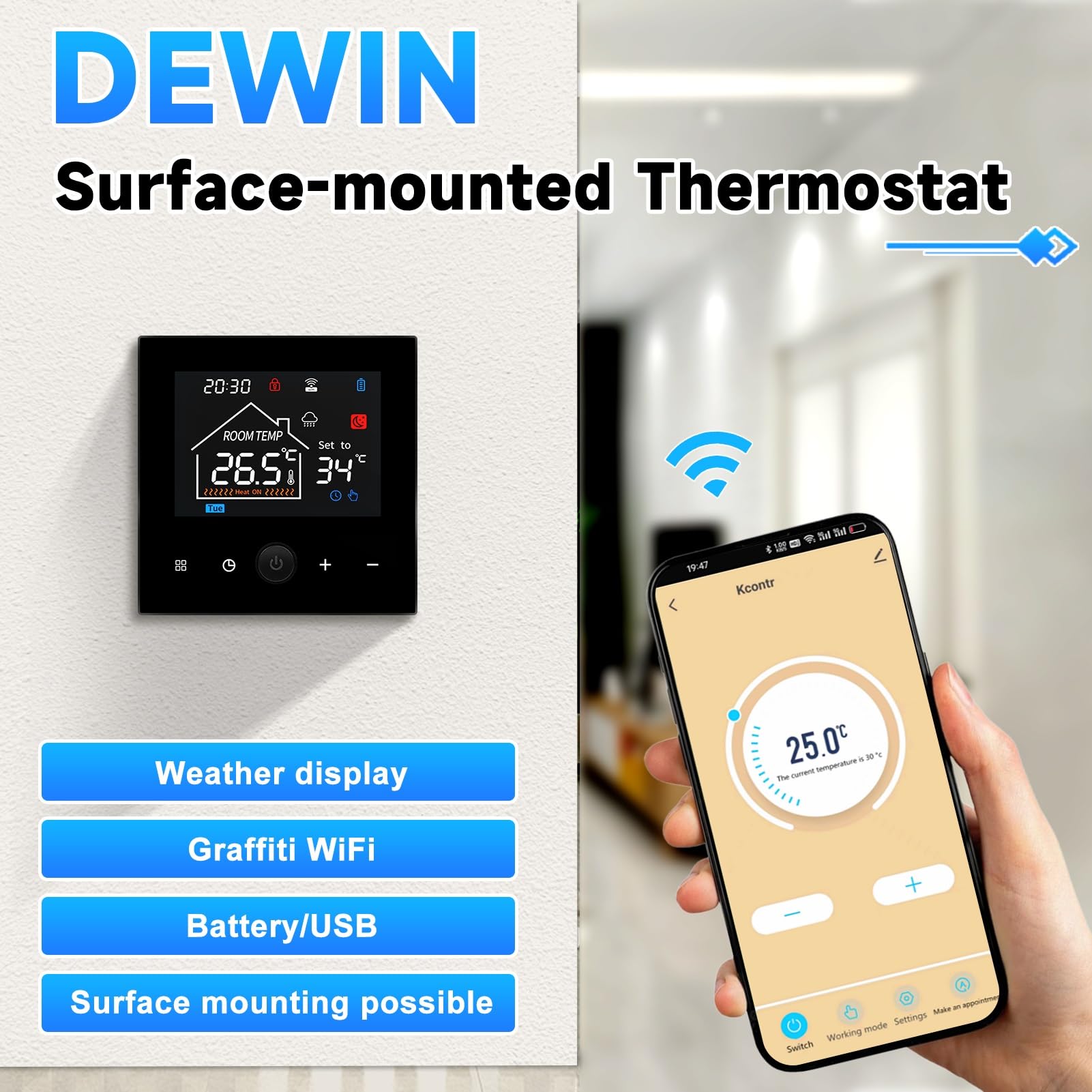 DEWIN Termostato de 2 Hilos WiFi Inteligente para Caldera y Calefacción