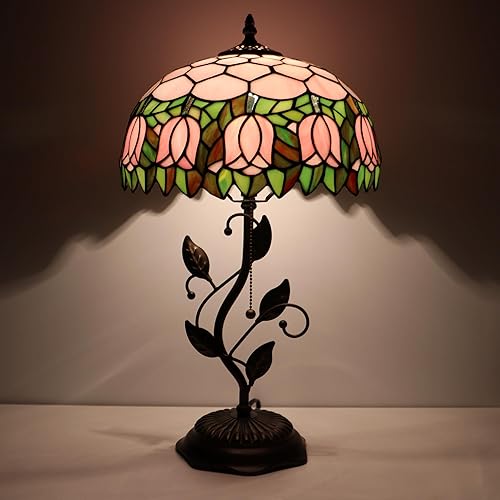 Miniatura 7 de Tiffany Lamp Pink Tulip Style Stained Glass Table Lamp Desk Bedside Reading Light 12X12X19 Inches with Metal Leaf Base