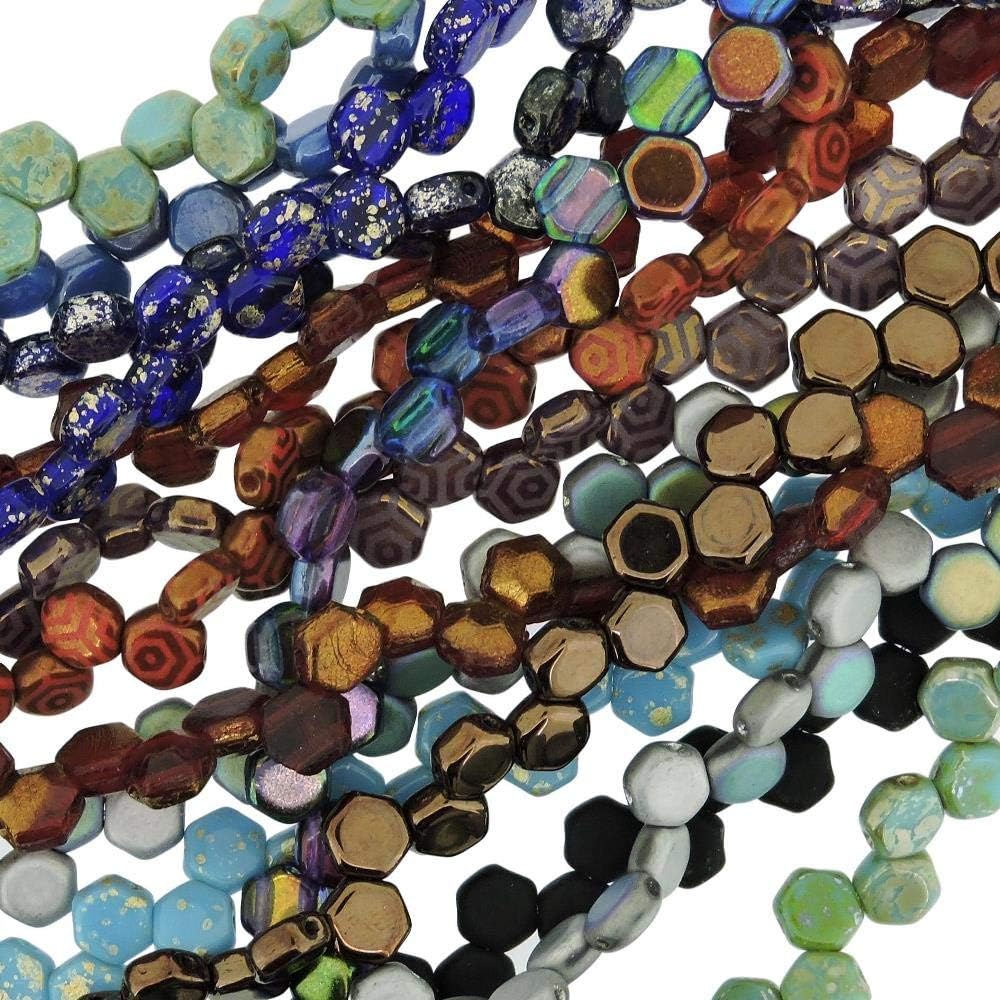 Value Pack - 8 Strands - Czech Glass Honeycomb Beads, 2-Hole Hexagon 6mm, 30bds/str (240 Beads Total), Assortment