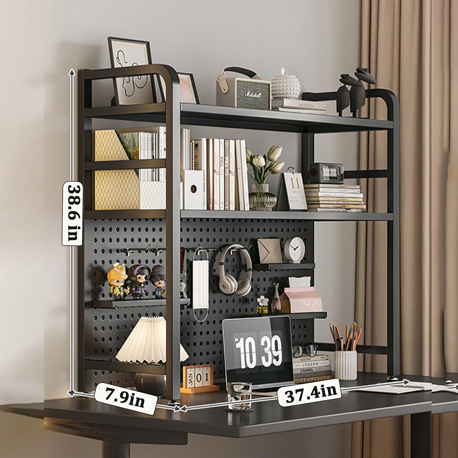 LOYALHEARTDY Desktop Bookshelf for Computer Desk,2-Tier Multipurpose Iron Hutch Countertop Bookshelf,Iron Desktop Bookcase Desktop Shelf Bookcase for Office Supplies Organizer,Dorm, Home Decor,Black