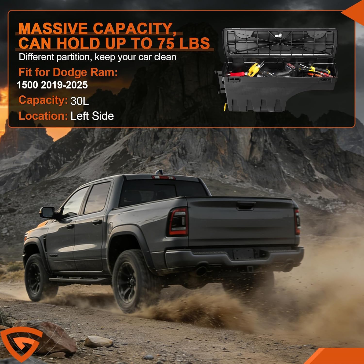 GEARLAST Truck Bed Storage Box Fit for Dodge Ram 1500 2019-2025 Drive side