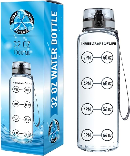 Three Drops of Life 1000ml Clear Sports Water Bottle, Measuring H2O Intake, Tritan Bpa Free, Time Tracker W/Goal Timer, Non-Toxic, Top Plastic Product - Hydration Drink Marker