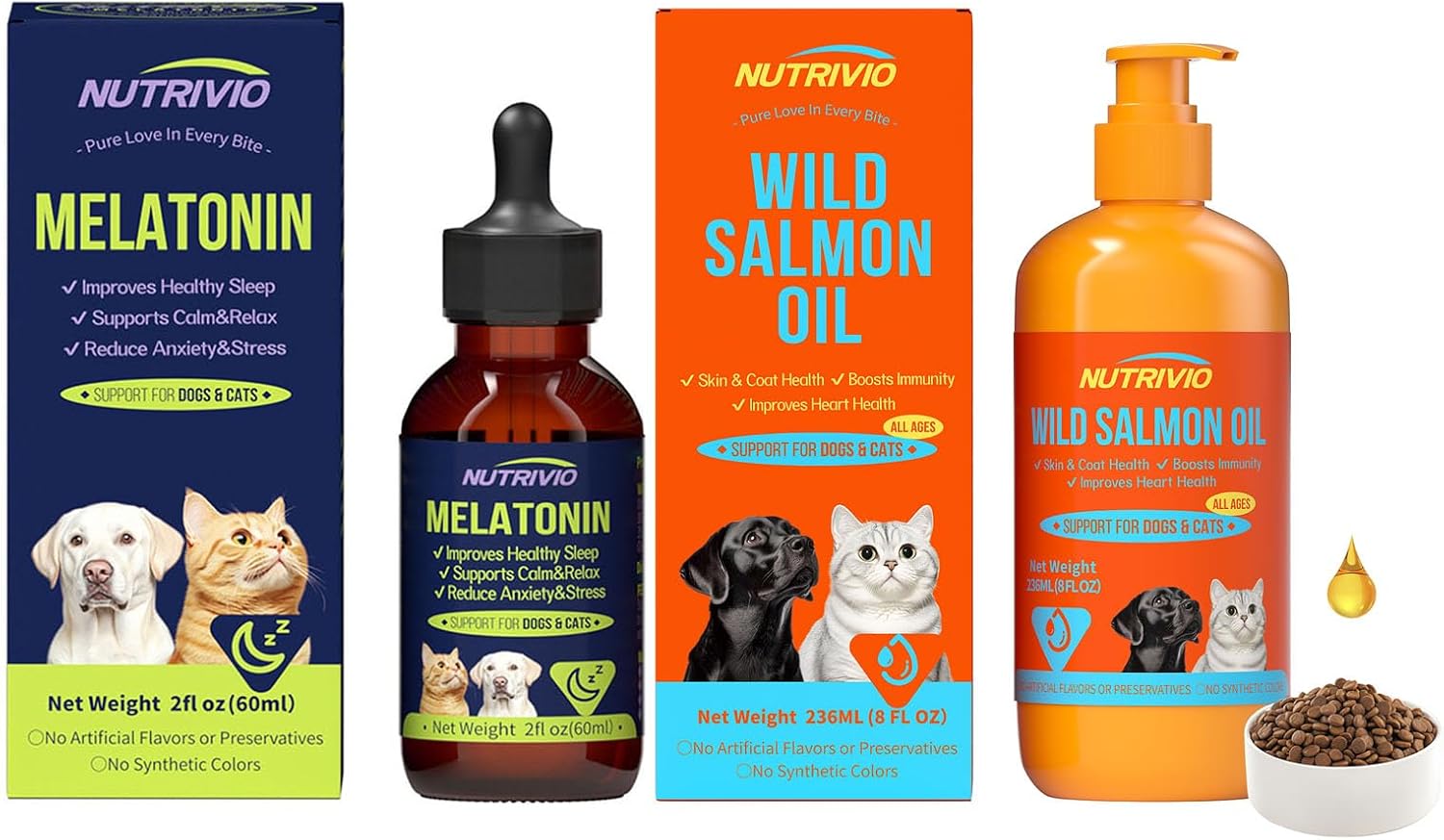 Melatonin Calming Drops for Dogs and Cats Composure 60ml+Nutrivio Wild Alaska Salmon Oil for Pets Omega-3,EPA/DHA 236ml
