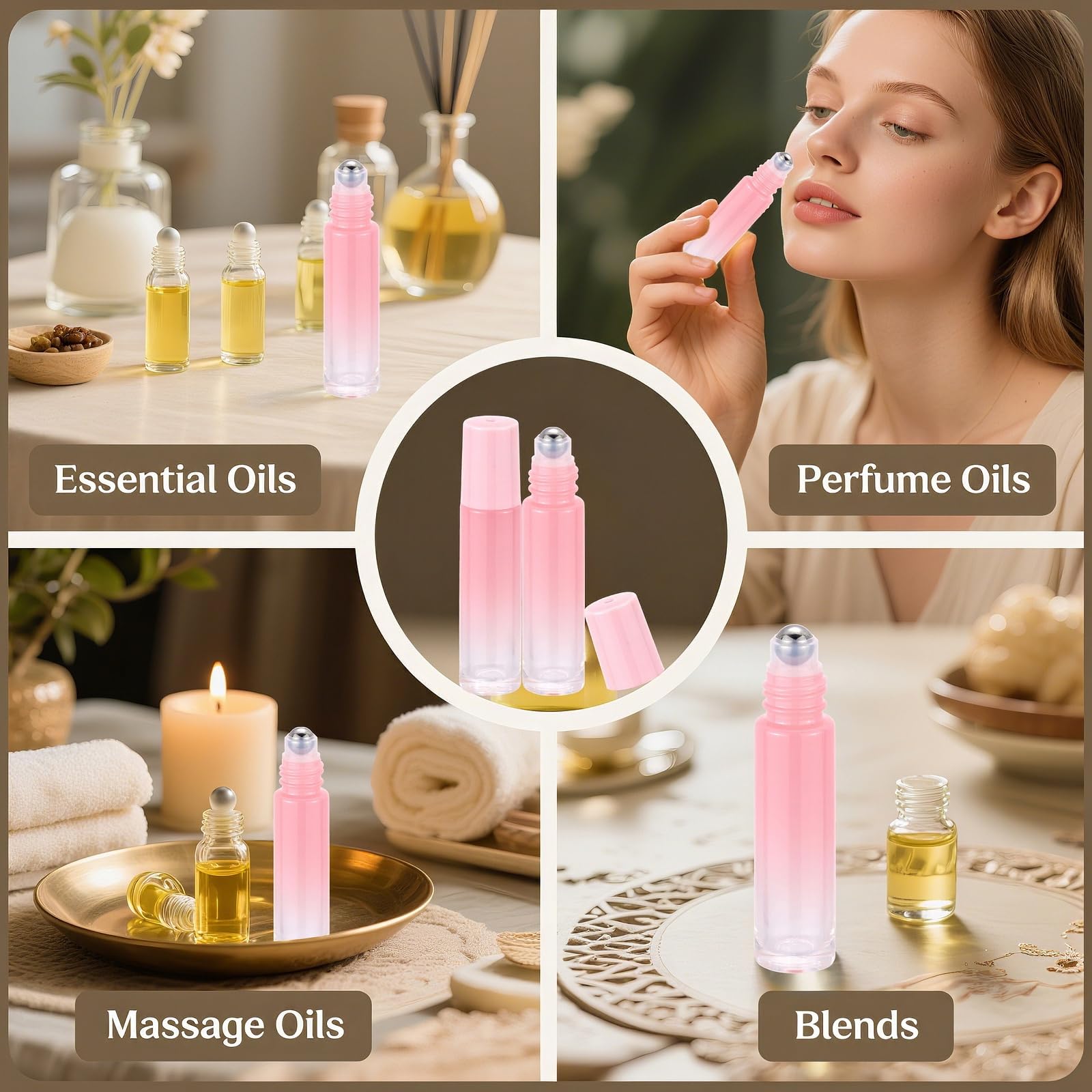 42 bottiglie di olio essenziale da 10 ml, per aromaterapia, con palline in acciaio inox, bottiglie per campioni di olio ricaricabile, colore rosa sfumato (apribottiglie e imbuto inclusi)