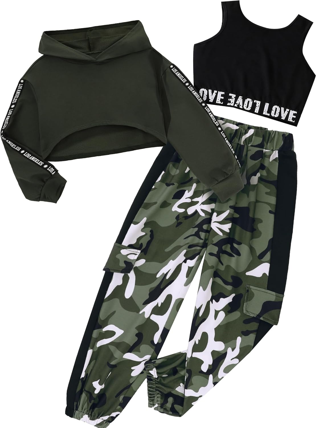 Hilinker Girls Graphic 3 Piece Outfits Workout Hoodie Crop Tank and Sweatpants Set