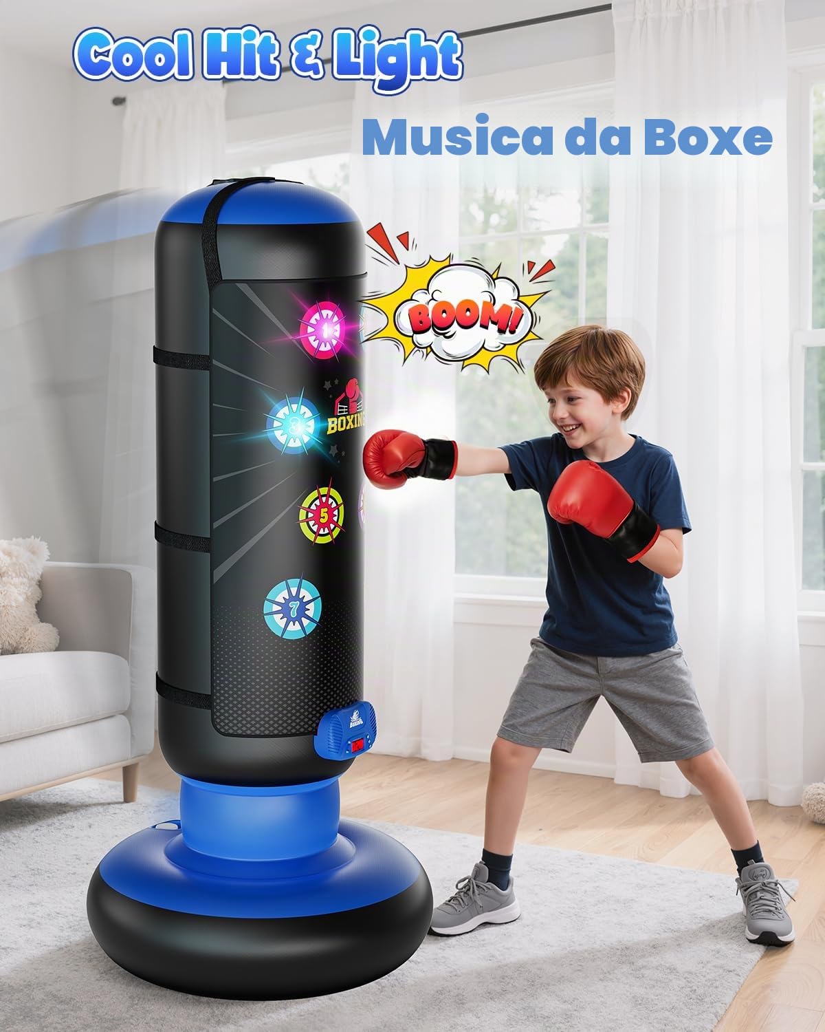 Hot Bee Sacco Da Boxe Per Bambini, Borsa Da Boxe Gonfiabile Interattiva Con Musica E Luce, Guanto Da Boxe Incluso, Per Regalo Dai 6 Ai 12 Anni (Blu)