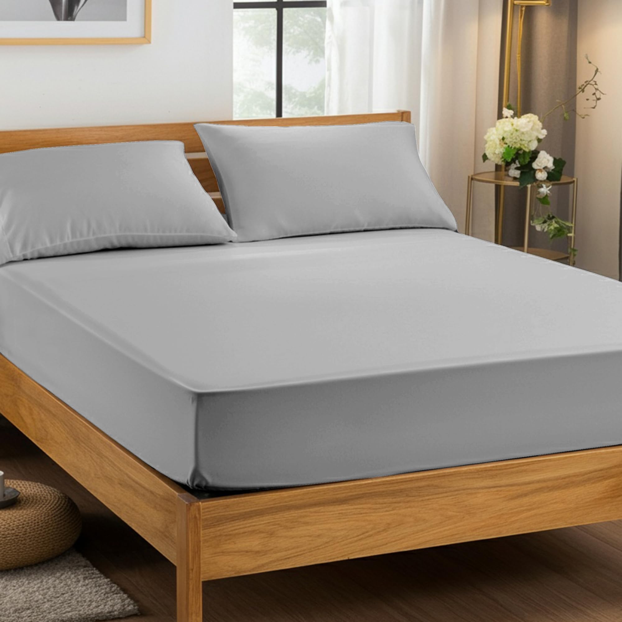 Home Sweet Home Uk Silver 25Cm Fitted Bed Sheets Double - Super Soft Fitted Bedsheet Brushed Microfibre Anti Wrinkle Bed Sheets Breathable & Fade Resistant Fitted Double Bed Sheet