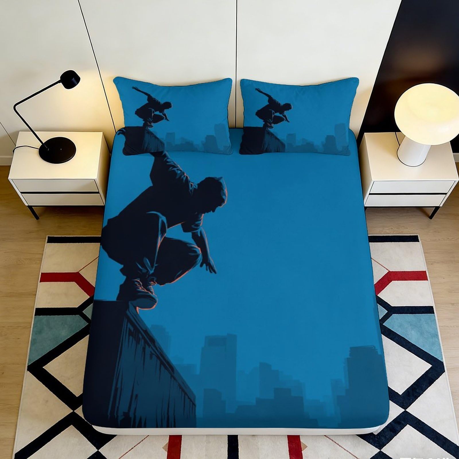 Pnayamiorkfel Style-10 3D Printed Urban Skateboard Fitted Sheet Microfiber Blue City Night Mattress Cover For Bedroom Dorm Decor 90X200x25cm