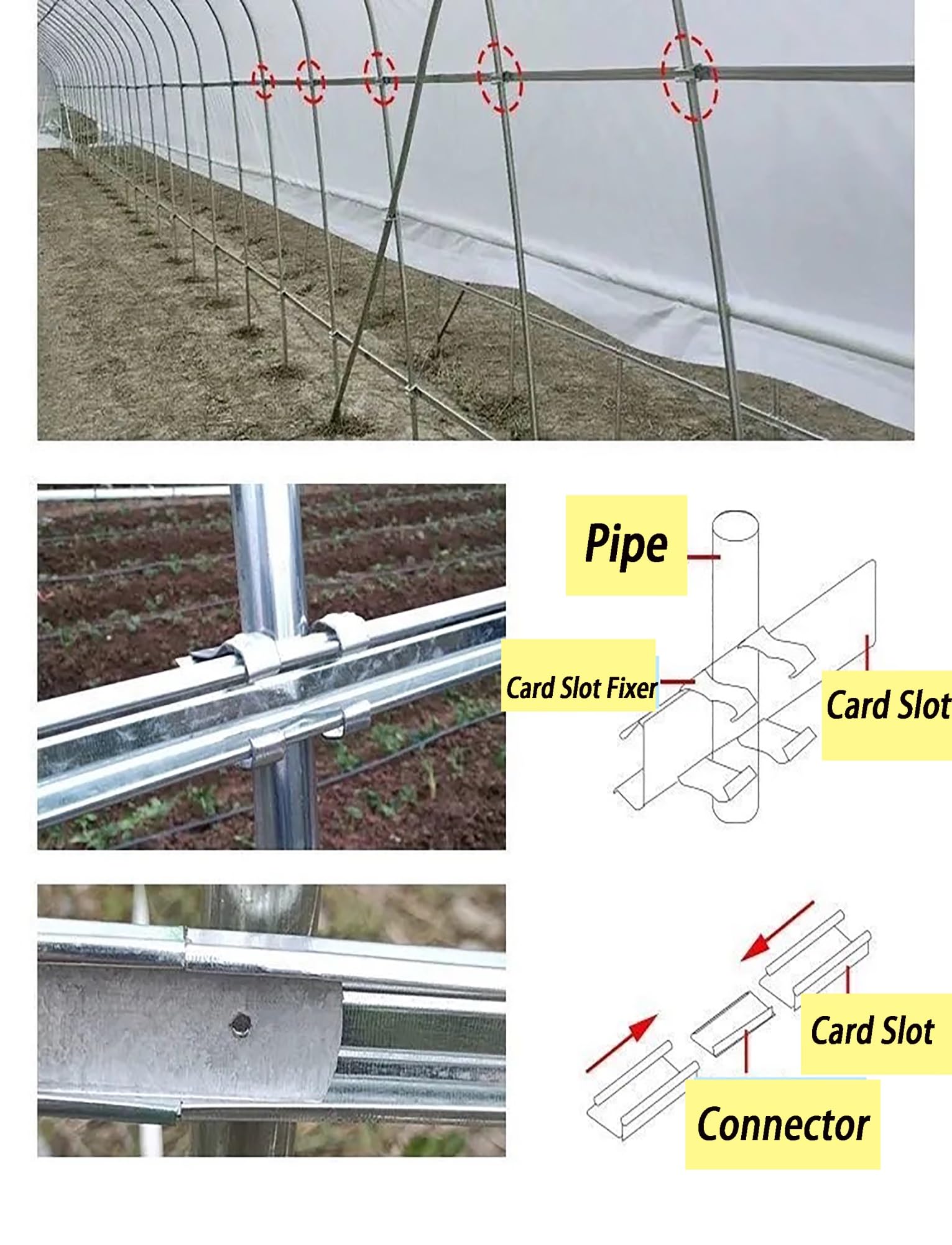 Kit de Fixation pour Film de Serre : profilé en U en Alliage d'aluminium avec Ressorts oscillants, pour Tunnels en polyéthylène et arceaux de Jardin (placage alu-Zinc 1,0 mm)