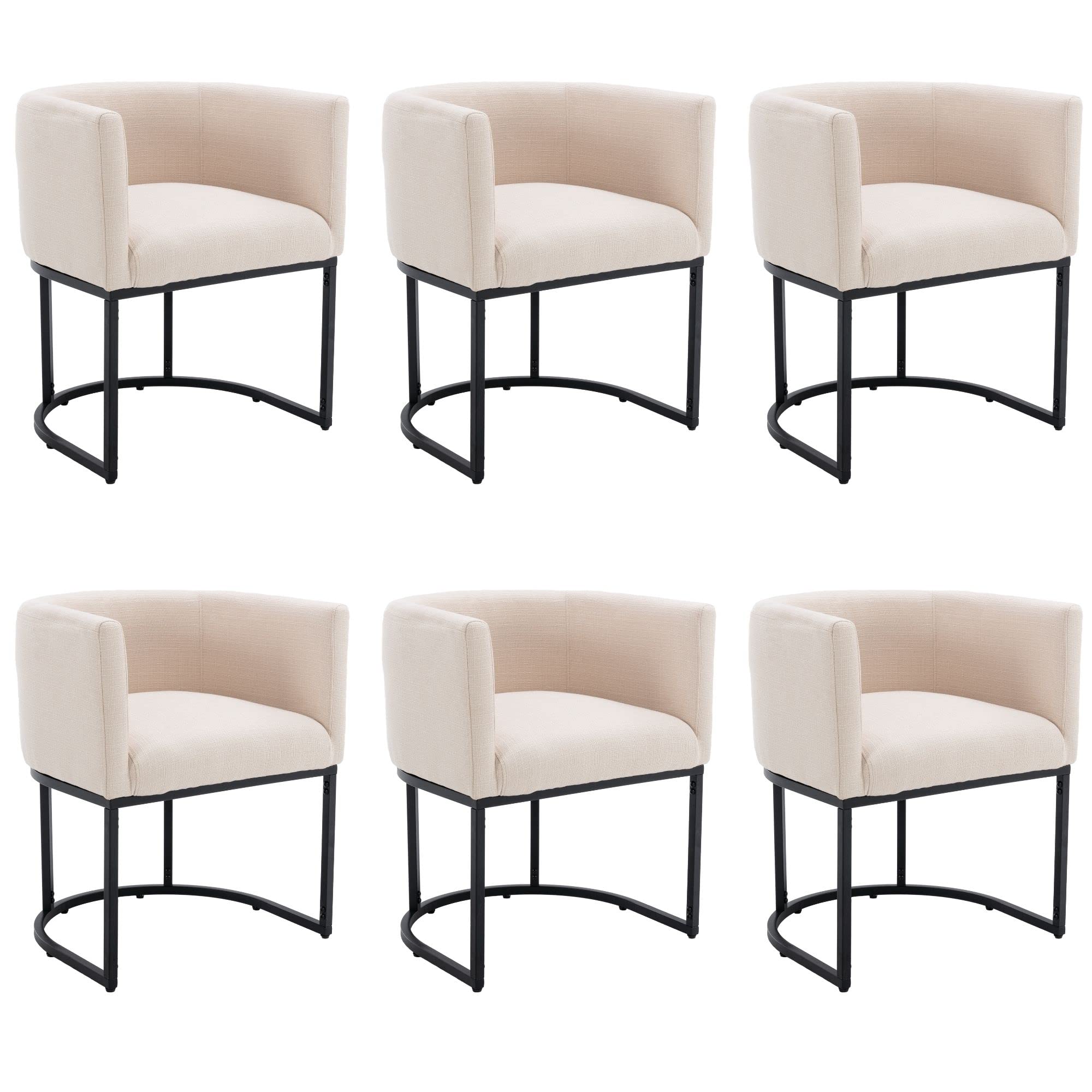 BESTANO Linen Fabric Dining Chairs Set of 6 Modern Barrel Arm Chairs with Black Frame Upholstered Kitchen Chairs 18.5" Wide Accent Chairs for Living Room Dining Room Restaurant, Cream